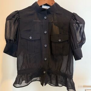 Japanese brand GVGV : Black Sheer Button-Up Blouse in dark navy in size Small